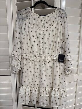 NWT - Floral Ruffle White Chiffon Dress